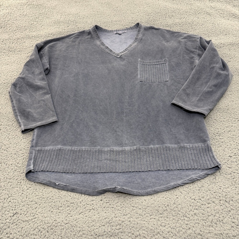 Tempo Paris V-Neck Top Womens S/M Blue Mineral Wash Cotton  Made in Italy